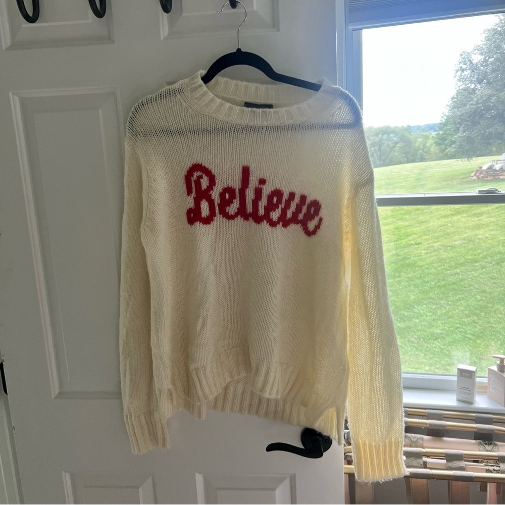 Wooden Ships Cream Knit Sweater with Red 'Believe' Script